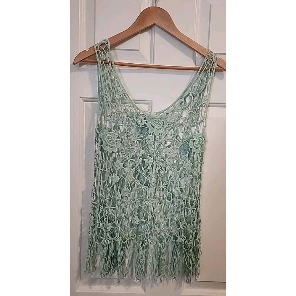 C'est Toi Womens Med Top Crochet Turquoise Layered Boho Tank Swimsuit Cover